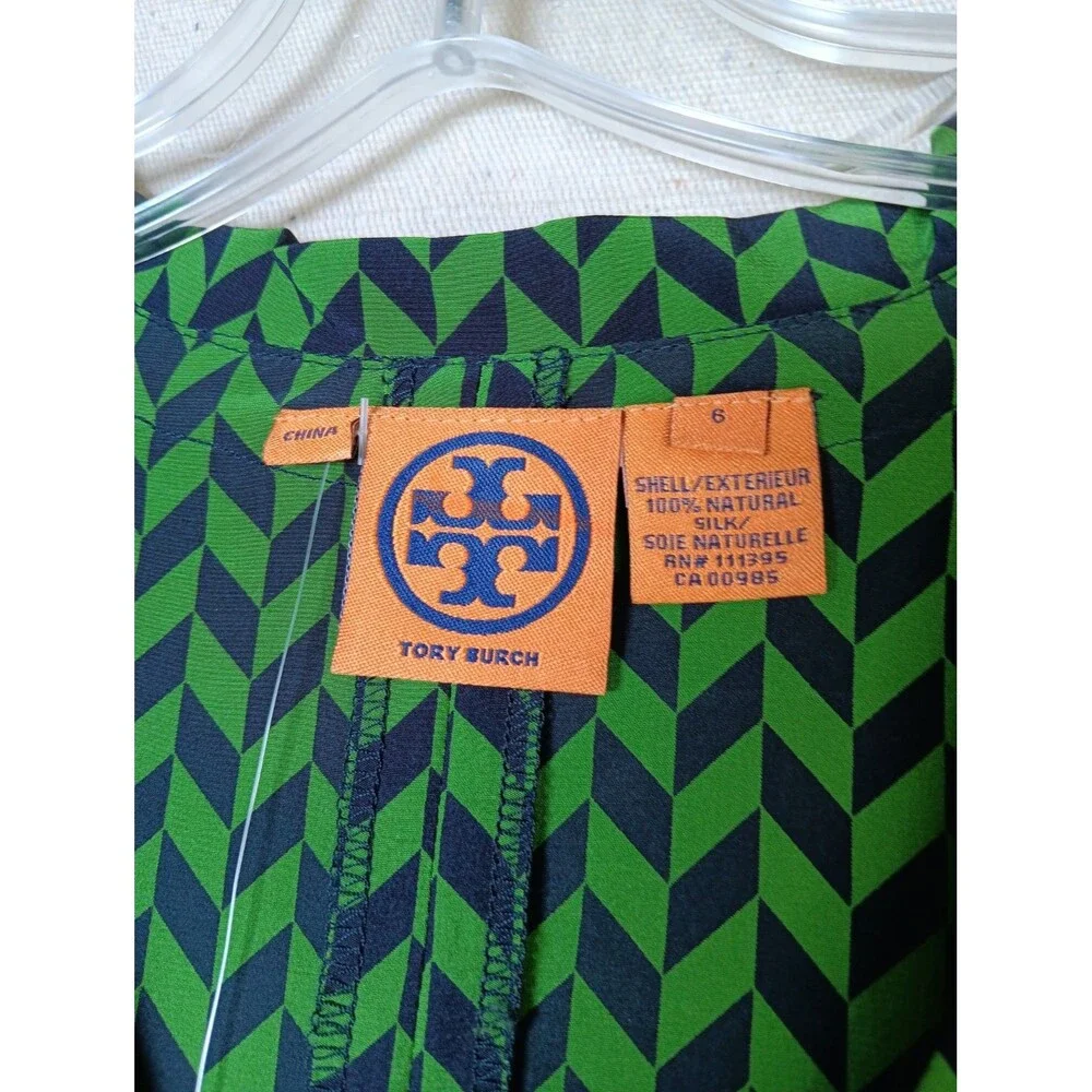 NWT Tory Burch Sydne Silk Blouse Size 6 Green Navy V-Neck Side Zip Long Sleeve